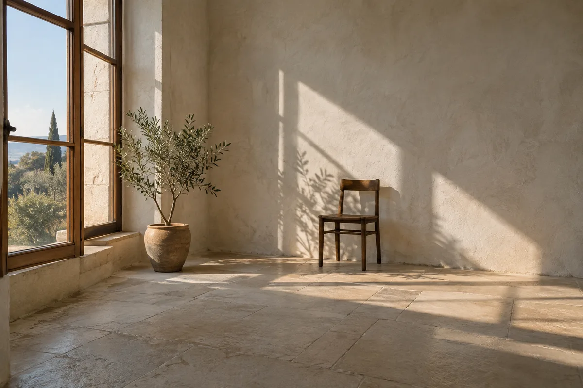 Warm afternoon light falling through a window onto a limestone wall and oak floor